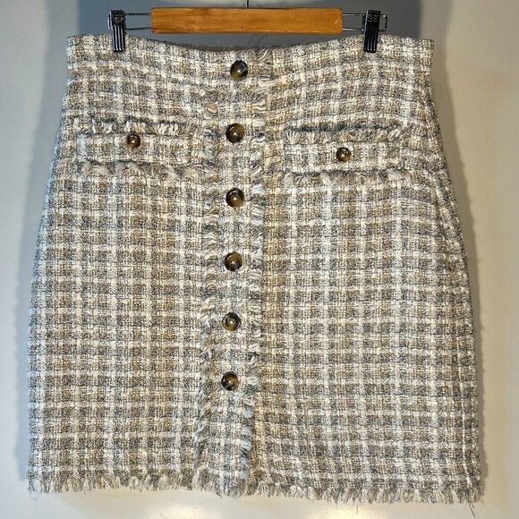 Ann Taylor SZ 12 Neutral Plaid Wool Blend Skirt Career Academia Preppy Old Money - Picture 1 of 10